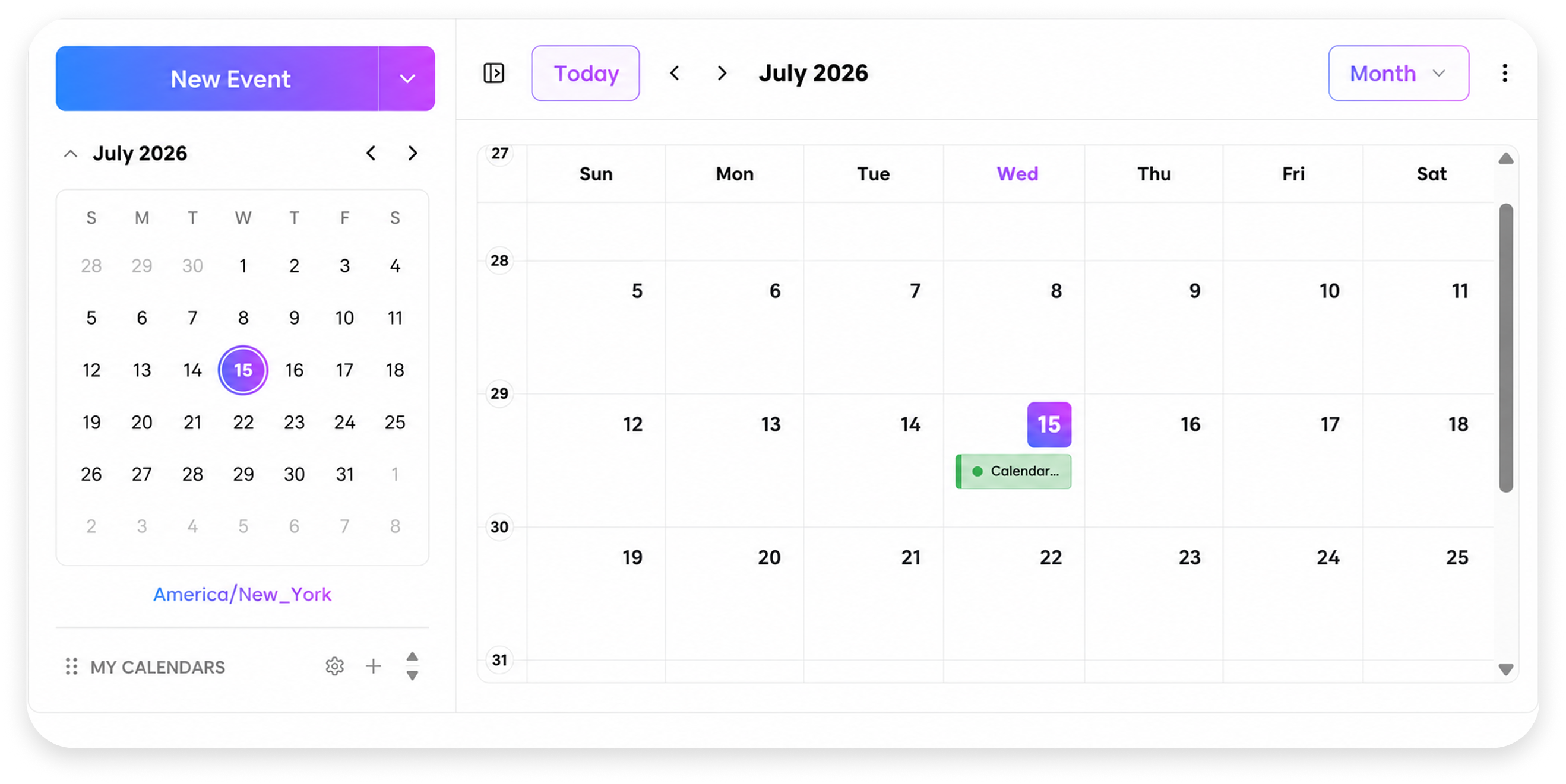Team calendar month view with sidebar and July 2026 schedule