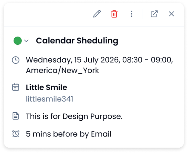 Calendar event details with schedule, owner, and reminder