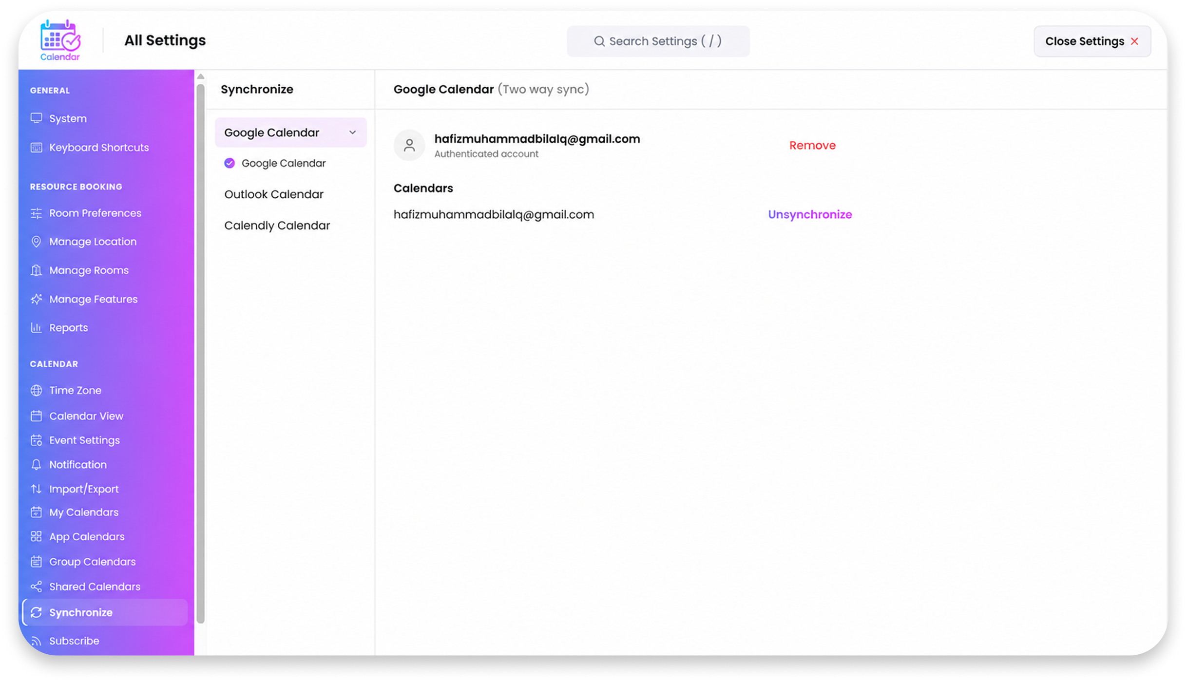 Settings synchronize panel with Google Calendar two-way sync