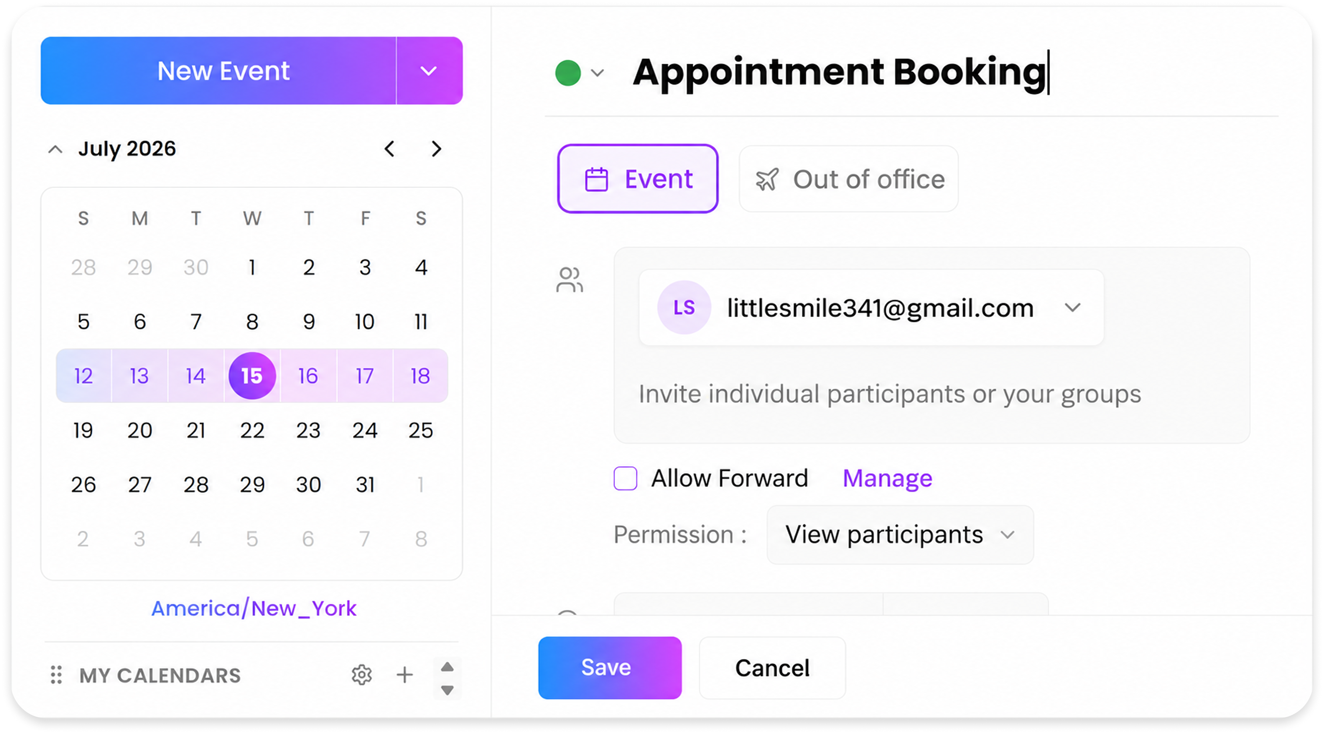 Appointment booking calendar with event details, participants, and save actions